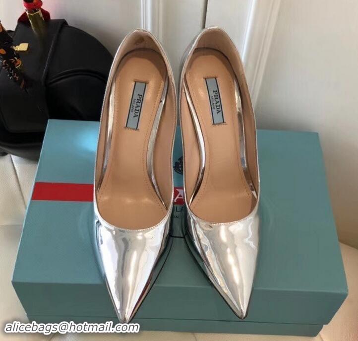 Modern Prada Angled Heel 9cm Leather Pumps 709035 Metallic Silver 2019