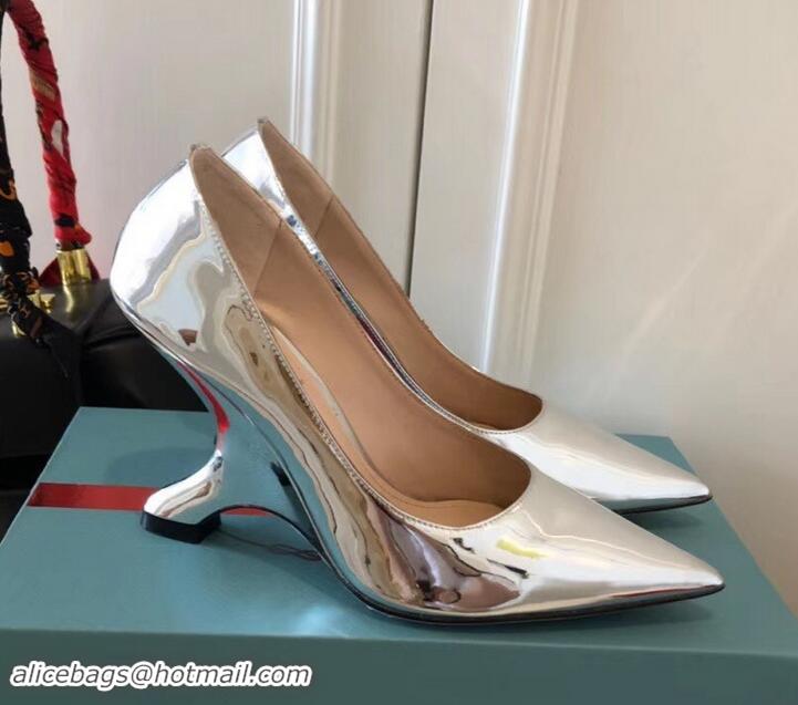 Modern Prada Angled Heel 9cm Leather Pumps 709035 Metallic Silver 2019