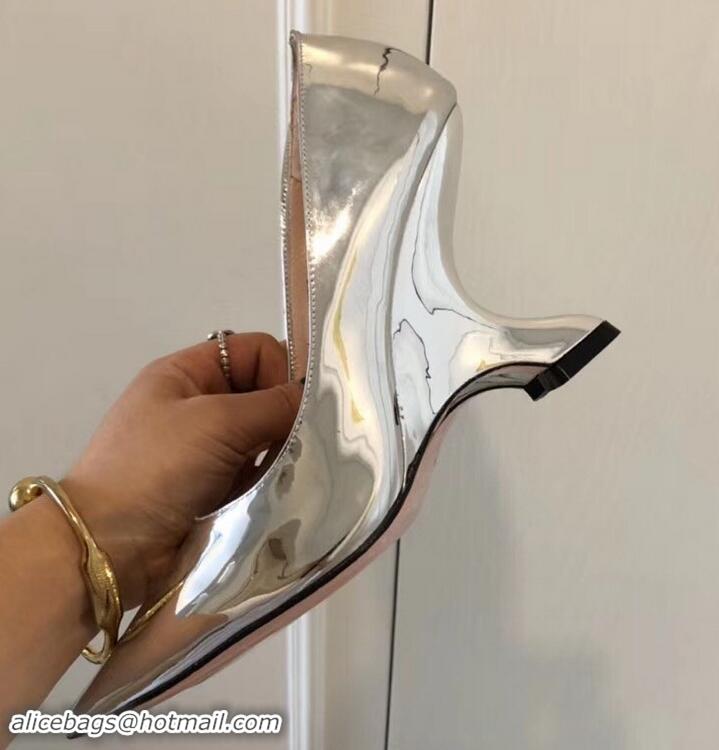 Modern Prada Angled Heel 9cm Leather Pumps 709035 Metallic Silver 2019