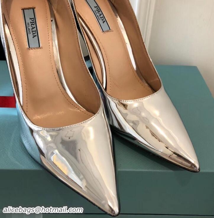 Modern Prada Angled Heel 9cm Leather Pumps 709035 Metallic Silver 2019