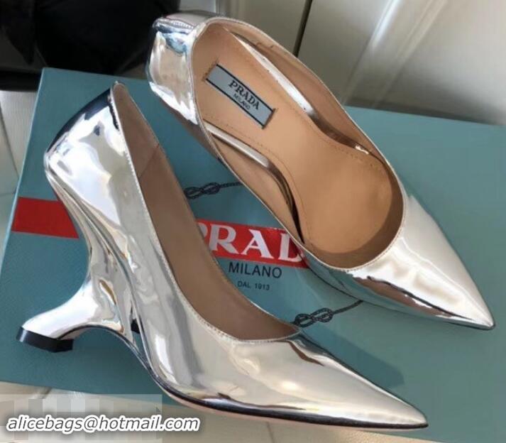 Modern Prada Angled Heel 9cm Leather Pumps 709035 Metallic Silver 2019