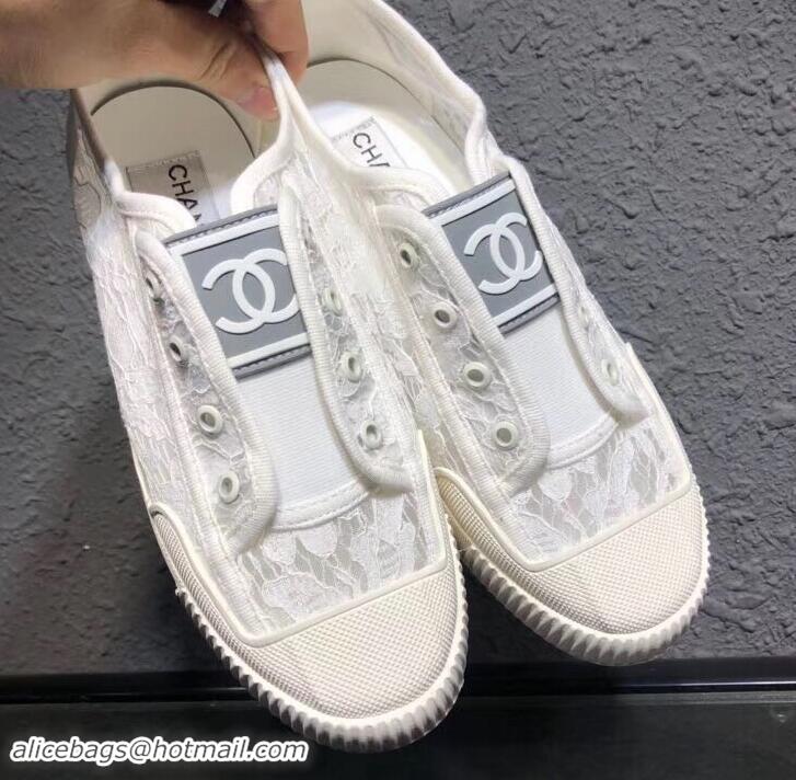 Good Product Chanel Vintage CC Logo Sneakers Lace 701011 White 2019 