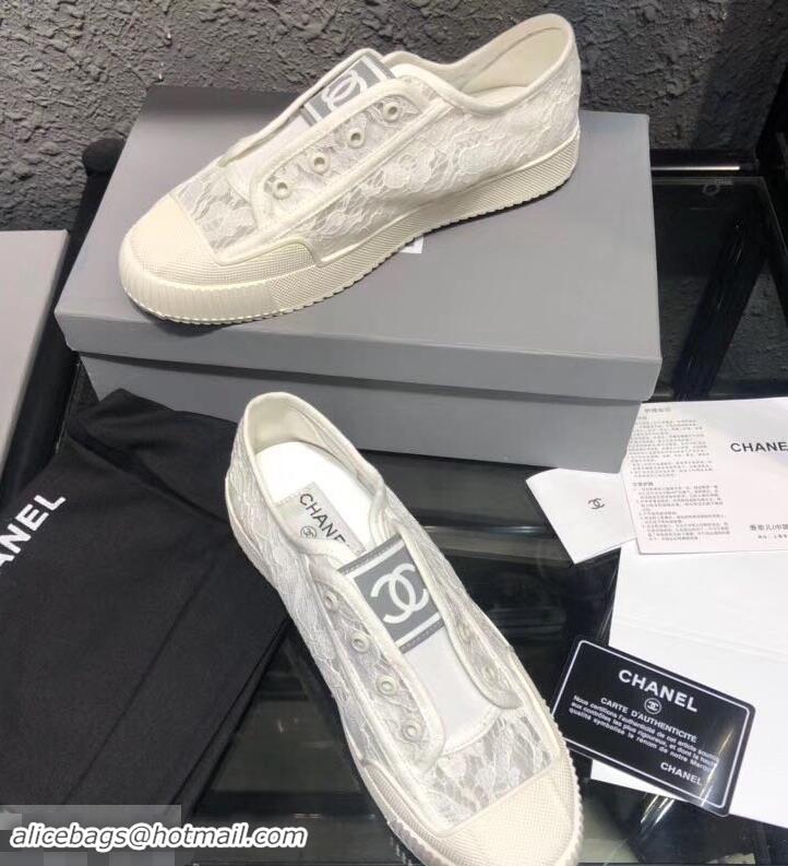 Good Product Chanel Vintage CC Logo Sneakers Lace 701011 White 2019 