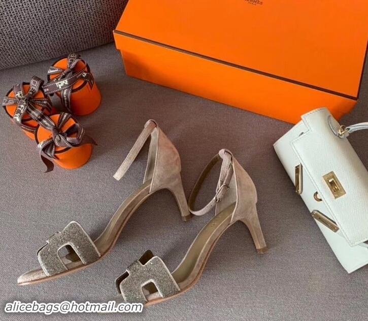 Best Luxury Hermes Heel 6cm Premiere Sandals H701016 Glitter Camel 2019