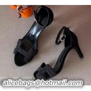 Best Quality Hermes Heel 6cm Premiere Sandals H701016 Glitter Black 2019