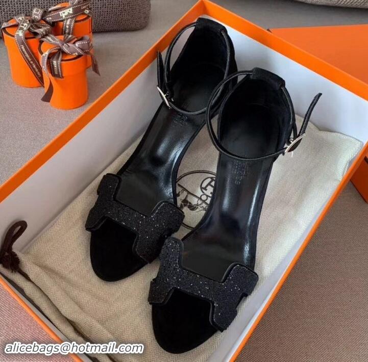 Best Quality Hermes Heel 6cm Premiere Sandals H701016 Glitter Black 2019