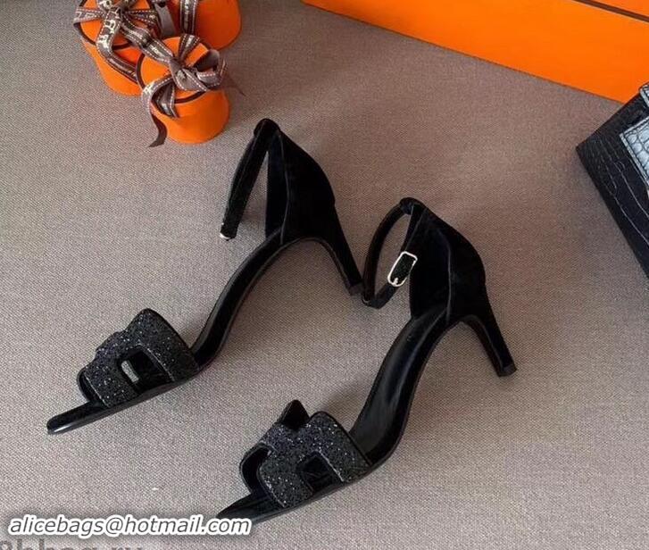 Best Quality Hermes Heel 6cm Premiere Sandals H701016 Glitter Black 2019