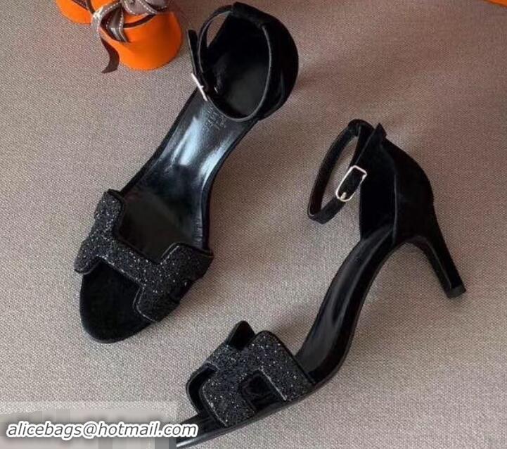 Best Quality Hermes Heel 6cm Premiere Sandals H701016 Glitter Black 2019