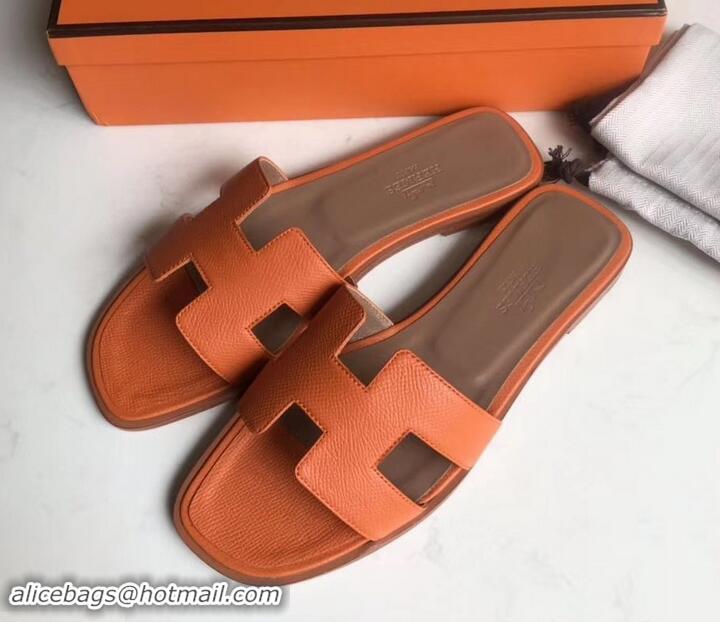 Promotion Hermes Oran Flat slippers in epsom leather H701020 orange/brown