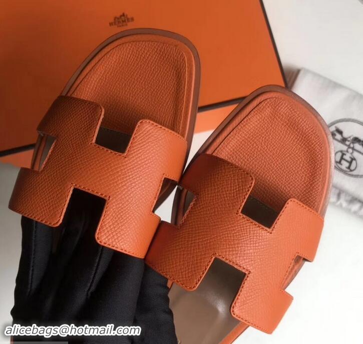 Promotion Hermes Oran Flat slippers in epsom leather H701020 orange/brown