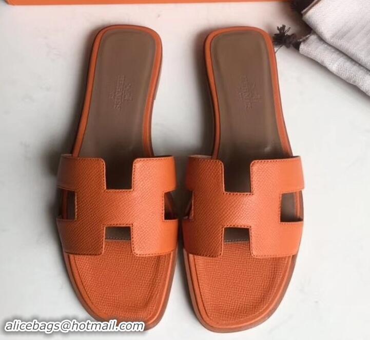 Promotion Hermes Oran Flat slippers in epsom leather H701020 orange/brown