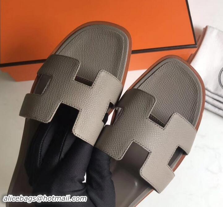 Affordable Price Hermes Oran Flat slippers in epsom leather H701020 elephant gray with brown piping