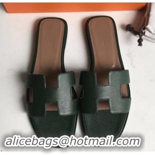 New Design Hermes Oran Flat slippers in epsom leather H701020 dark green/brown