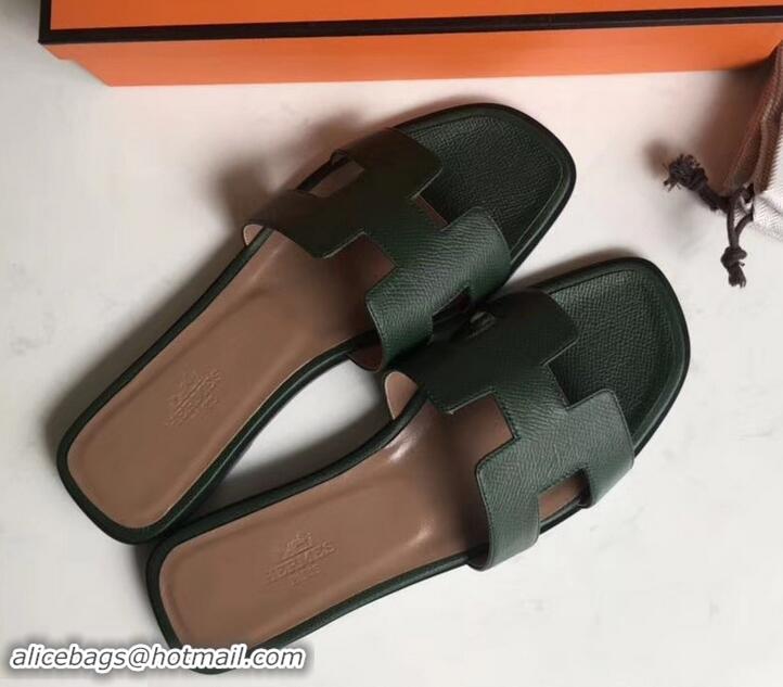 New Design Hermes Oran Flat slippers in epsom leather H701020 dark green/brown