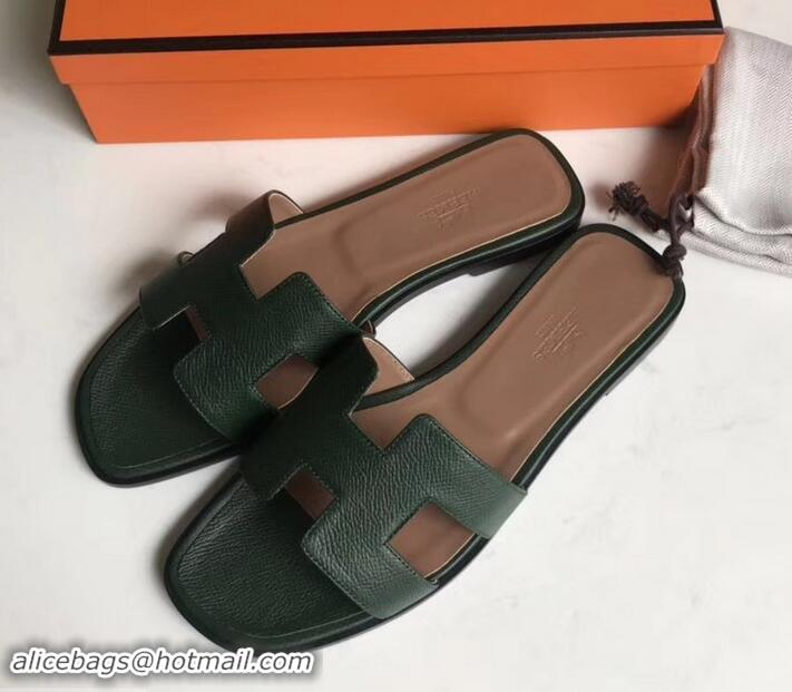 New Design Hermes Oran Flat slippers in epsom leather H701020 dark green/brown