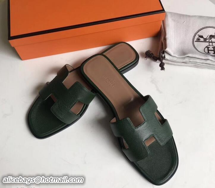 New Design Hermes Oran Flat slippers in epsom leather H701020 dark green/brown