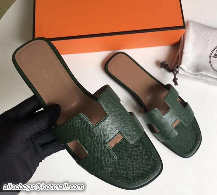 New Design Hermes Oran Flat slippers in epsom leather H701020 dark green/brown