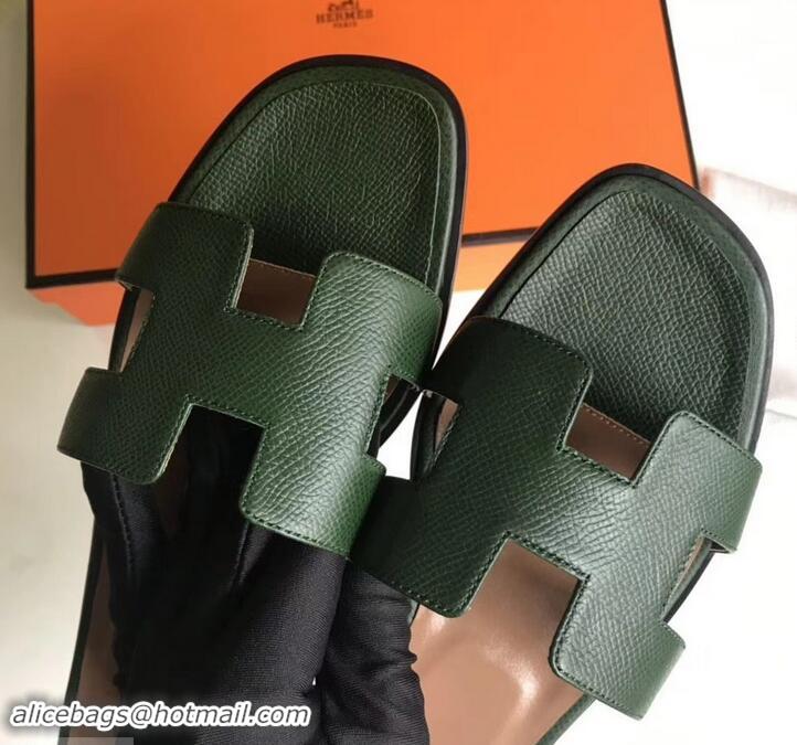 New Design Hermes Oran Flat slippers in epsom leather H701020 dark green/brown