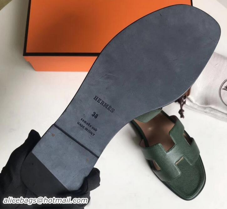 New Design Hermes Oran Flat slippers in epsom leather H701020 dark green/brown