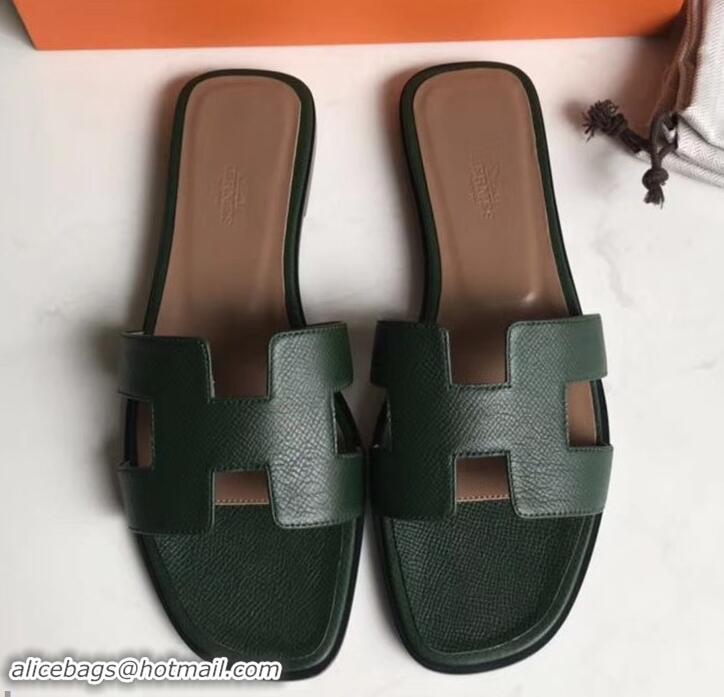 New Design Hermes Oran Flat slippers in epsom leather H701020 dark green/brown