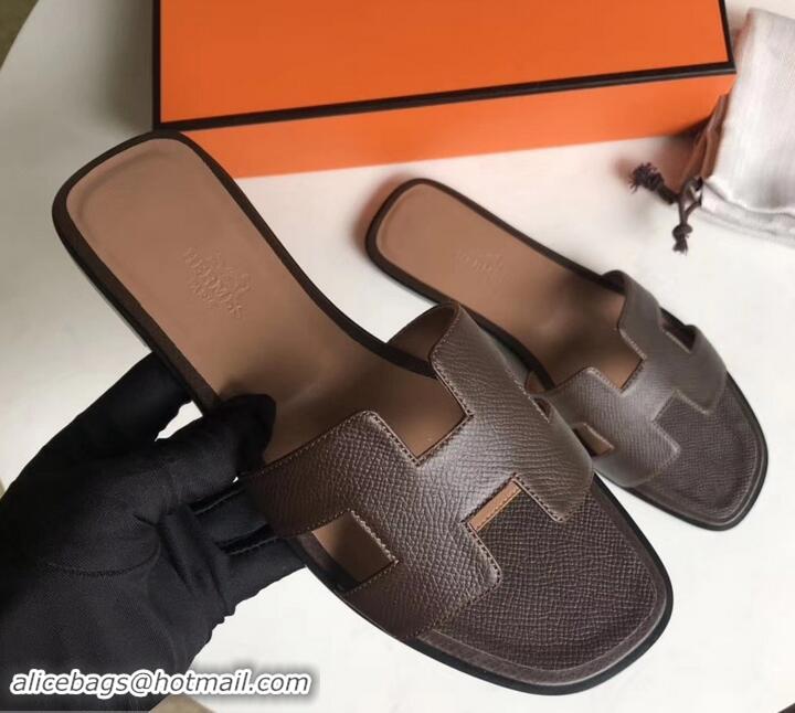 Best Price Hermes Oran Flat slippers in epsom leather H701020 dark coffee/brown