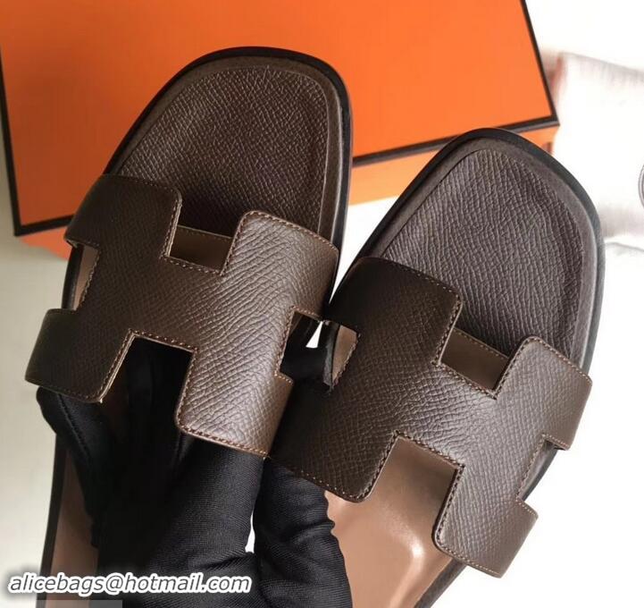 Best Price Hermes Oran Flat slippers in epsom leather H701020 dark coffee/brown