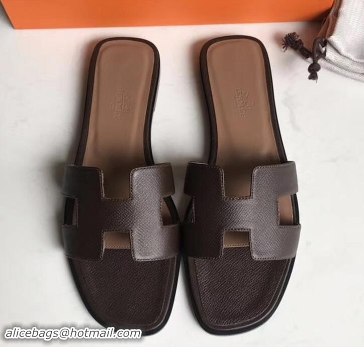 Best Price Hermes Oran Flat slippers in epsom leather H701020 dark coffee/brown