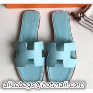 Best Quality Hermes Oran Flat slippers in epsom leather H701020 light blue with brown piping