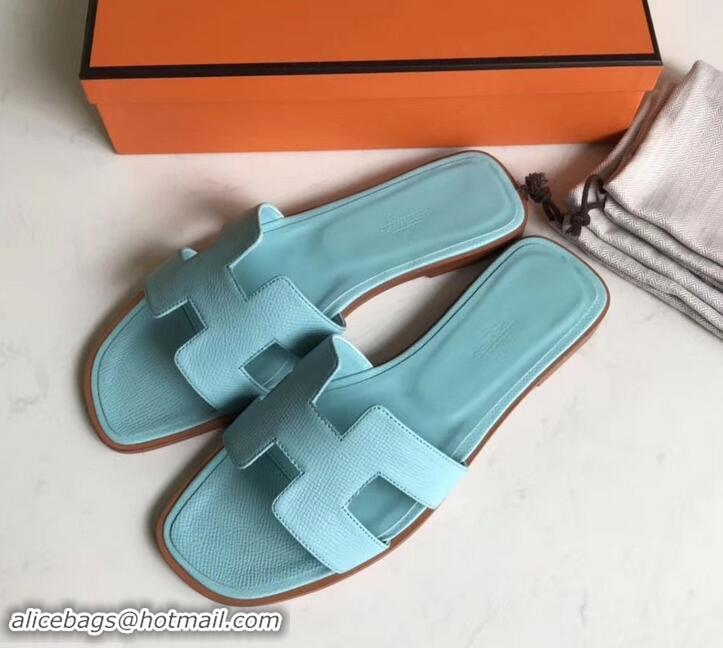 Best Quality Hermes Oran Flat slippers in epsom leather H701020 light blue with brown piping