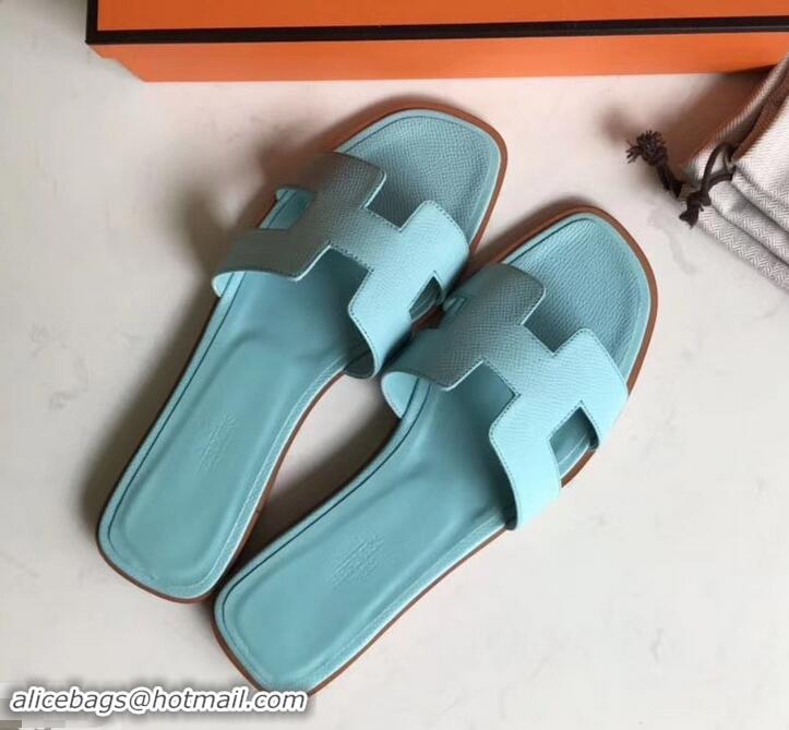 Best Quality Hermes Oran Flat slippers in epsom leather H701020 light blue with brown piping