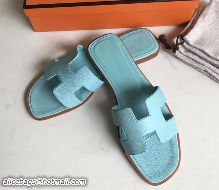 Best Quality Hermes Oran Flat slippers in epsom leather H701020 light blue with brown piping