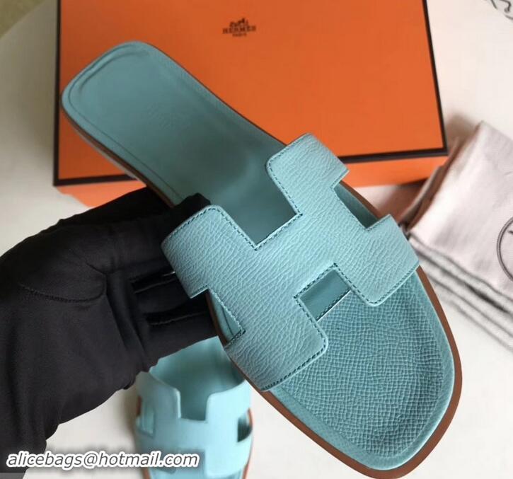 Best Quality Hermes Oran Flat slippers in epsom leather H701020 light blue with brown piping