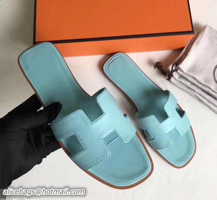 Best Quality Hermes Oran Flat slippers in epsom leather H701020 light blue with brown piping