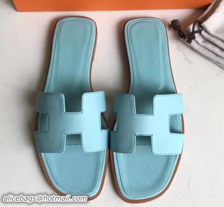 Best Quality Hermes Oran Flat slippers in epsom leather H701020 light blue with brown piping