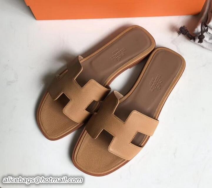 Grade Design Hermes Oran Flat slippers in epsom leather H701020 caramel/brown