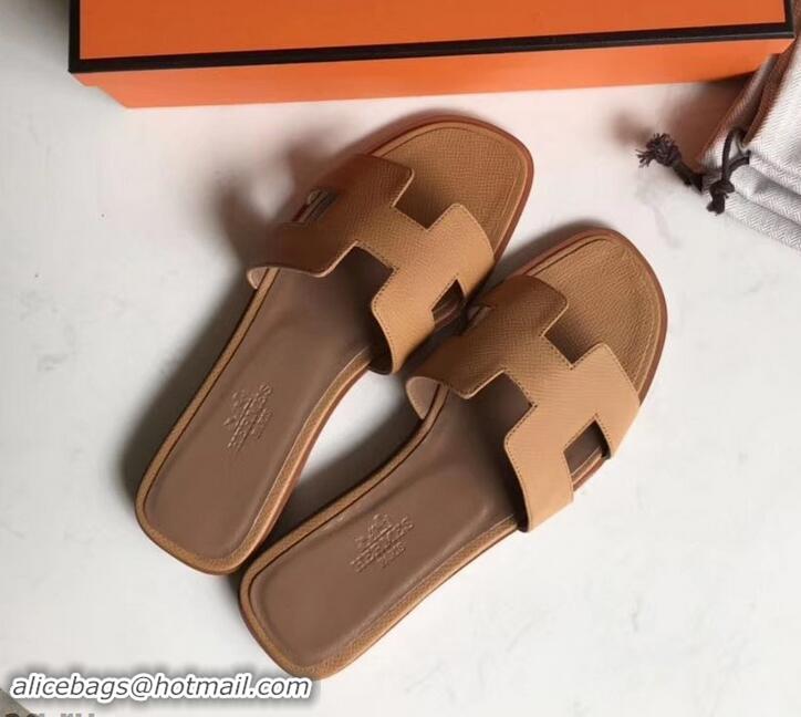 Grade Design Hermes Oran Flat slippers in epsom leather H701020 caramel/brown