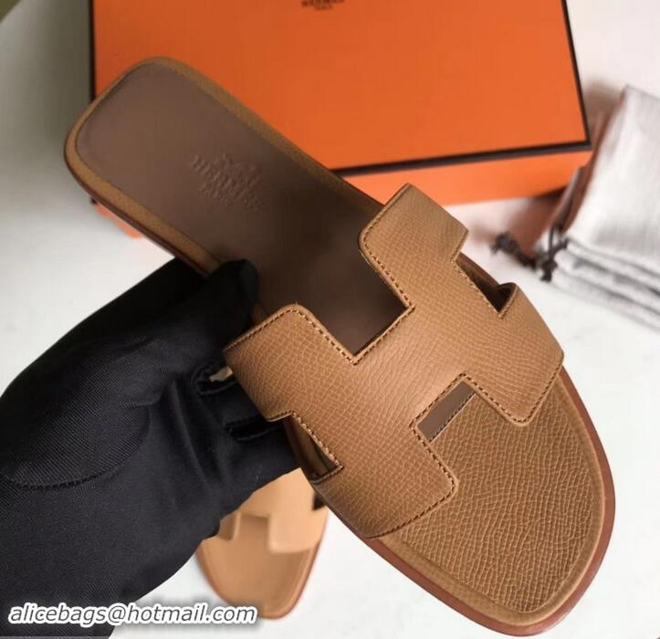 Grade Design Hermes Oran Flat slippers in epsom leather H701020 caramel/brown