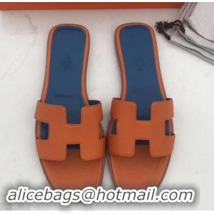 Discount Design Hermes Oran Flat slippers in epsom leather H701020 orange/blue