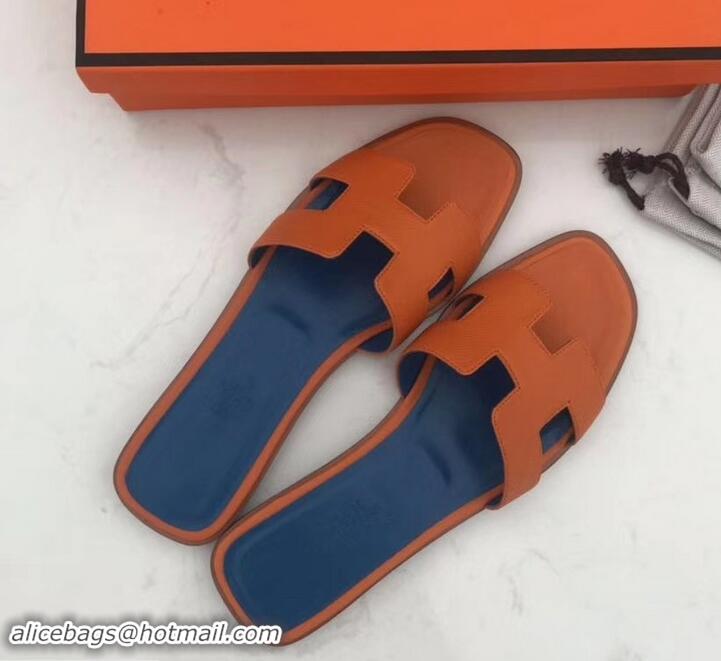 Discount Design Hermes Oran Flat slippers in epsom leather H701020 orange/blue