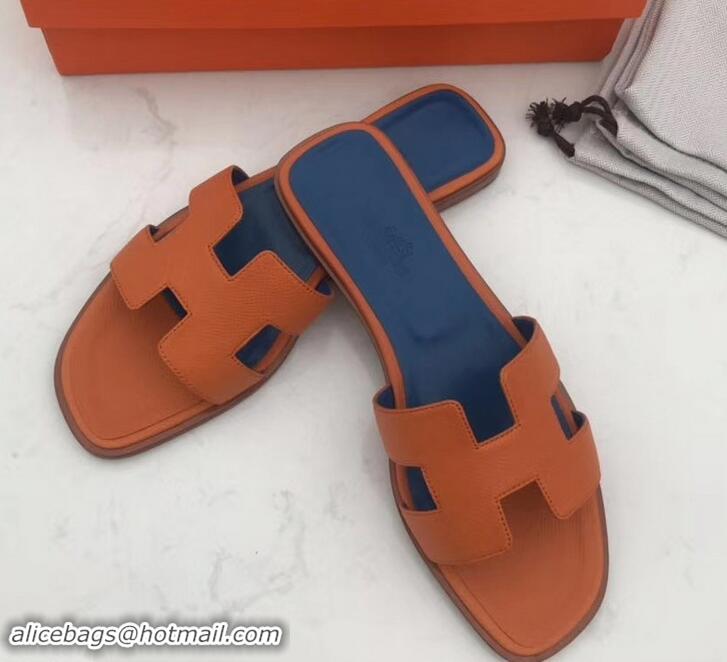 Discount Design Hermes Oran Flat slippers in epsom leather H701020 orange/blue