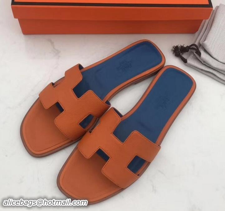 Discount Design Hermes Oran Flat slippers in epsom leather H701020 orange/blue