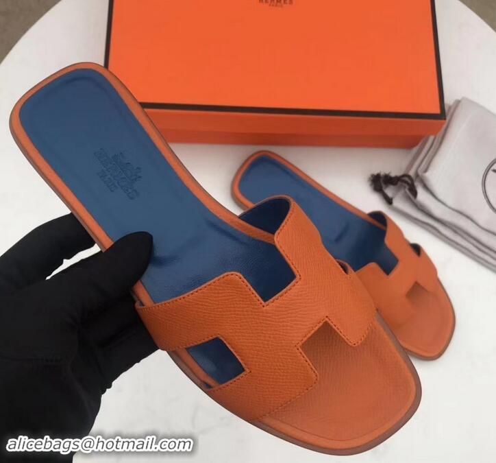 Discount Design Hermes Oran Flat slippers in epsom leather H701020 orange/blue