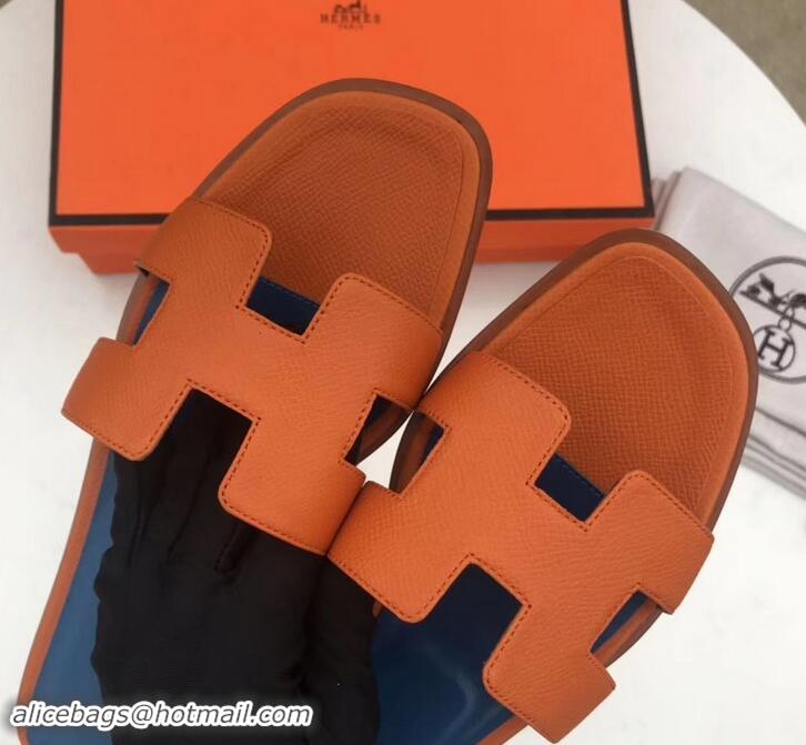 Discount Design Hermes Oran Flat slippers in epsom leather H701020 orange/blue