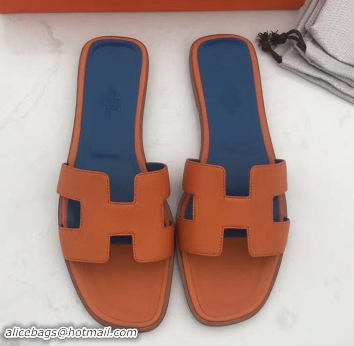 Discount Design Hermes Oran Flat slippers in epsom leather H701020 orange/blue