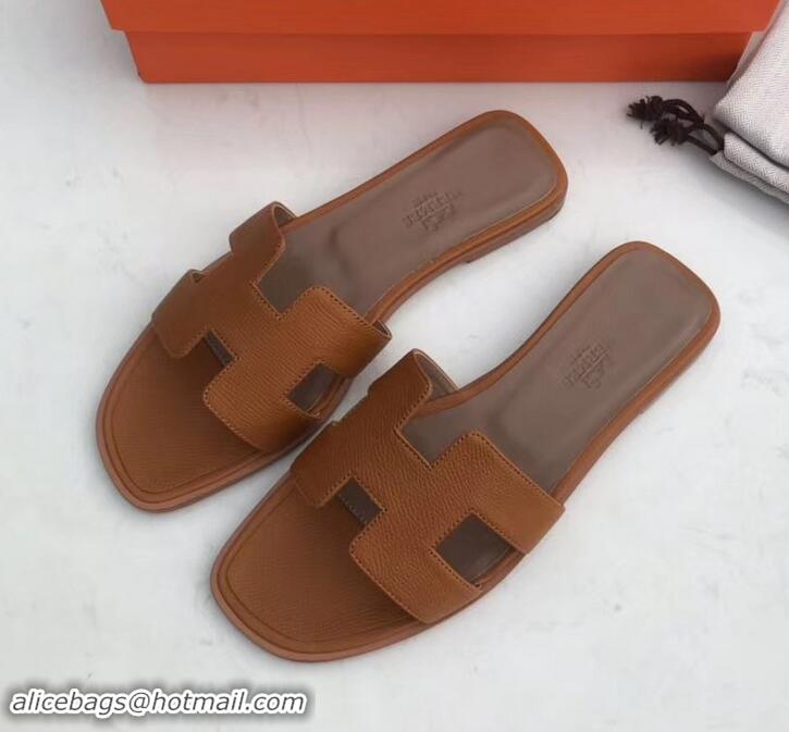 Most Popular Hermes Oran Flat slippers in epsom leather H701020 camel/brown