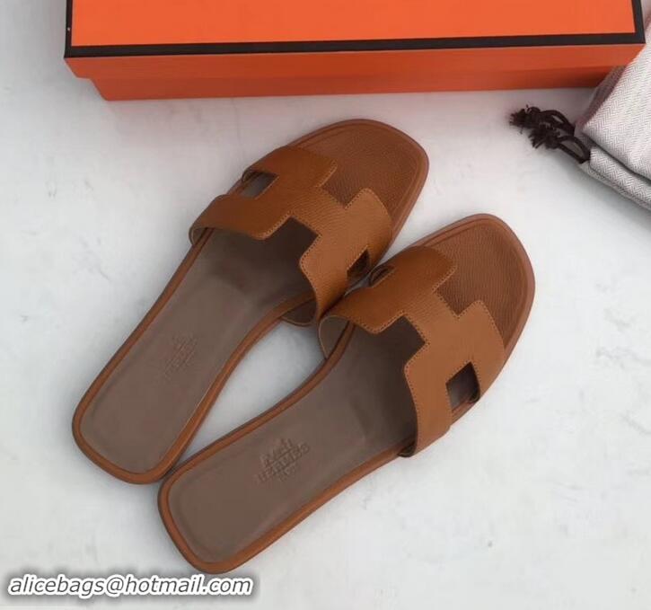 Most Popular Hermes Oran Flat slippers in epsom leather H701020 camel/brown