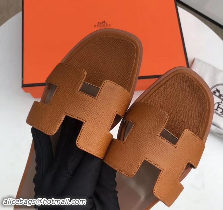 Most Popular Hermes Oran Flat slippers in epsom leather H701020 camel/brown