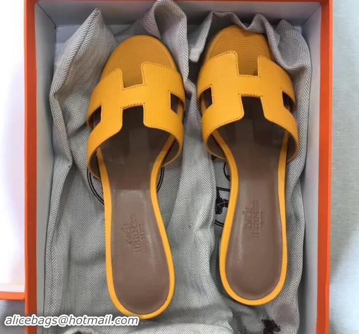 Elegant Hermes Heel 5cm Oasis Slipper Sandals in epsom Leather H701022 Yellow/brown