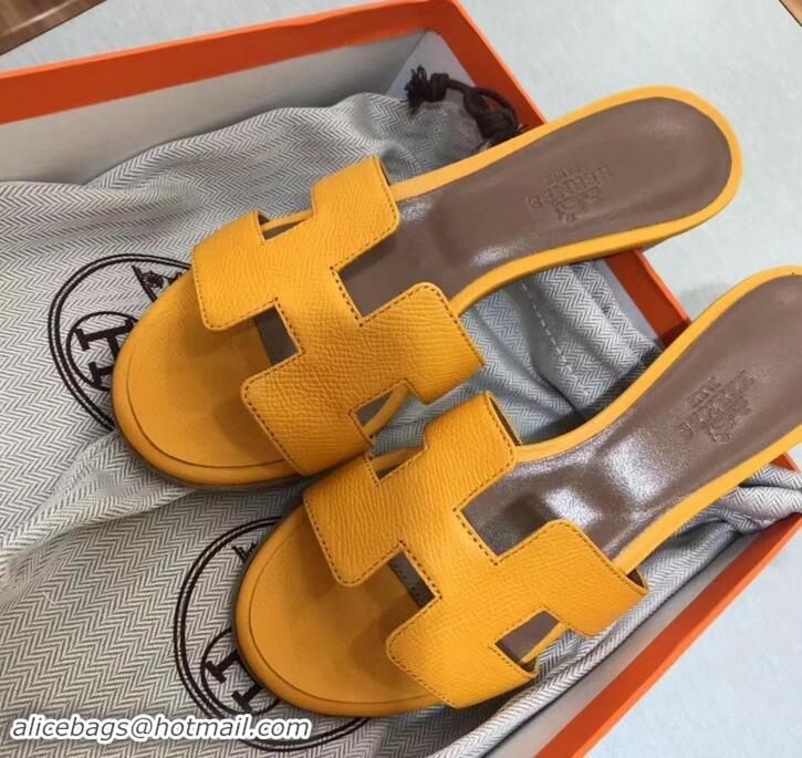 Elegant Hermes Heel 5cm Oasis Slipper Sandals in epsom Leather H701022 Yellow/brown