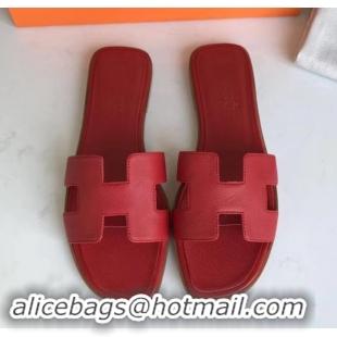 Top Quality Hermes Oran Flat slippers in epsom leather red H701025